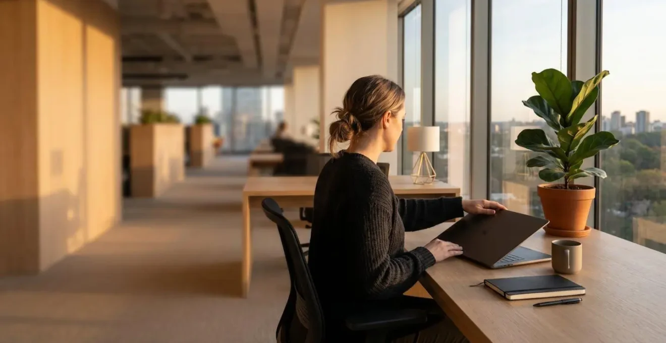 Tech professional establishing healthy work boundaries in modern office environment