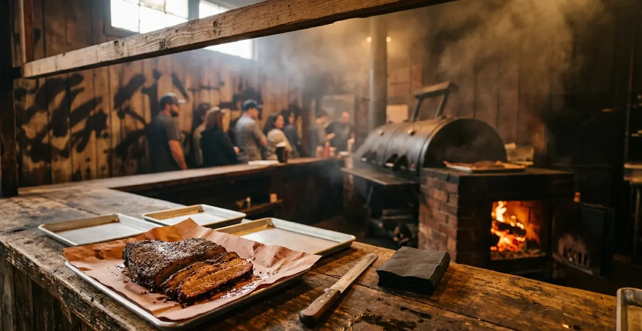 Authentic Texas barbecue joint with smoking brisket and rustic counter