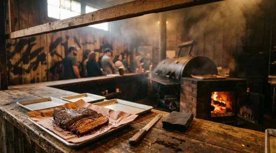 Authentic Texas barbecue joint with smoking brisket and rustic counter