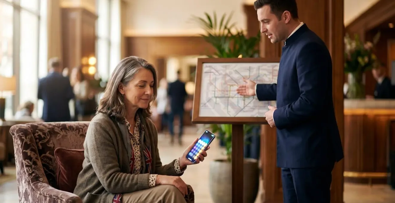 British tourist in a hotel lobby, looking at a phone with a calculator app, contemplating the cost of different transportation options.