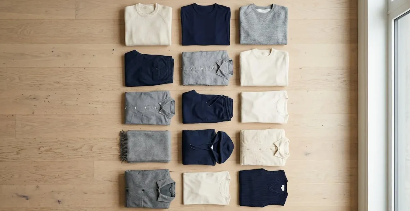 Minimalist travel wardrobe items arranged in coordinated color palette