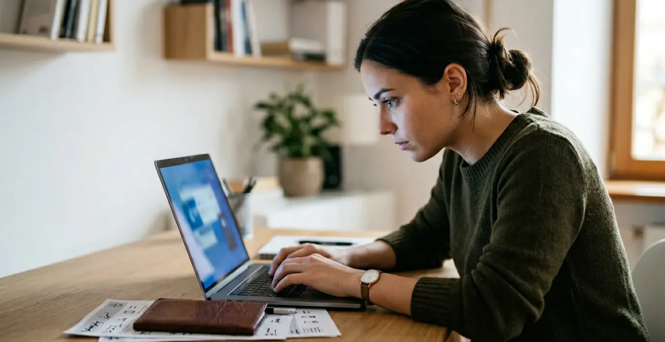 Person using laptop to complete official ESTA application with passport and travel documents visible
