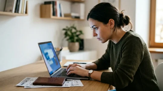 Person using laptop to complete official ESTA application with passport and travel documents visible