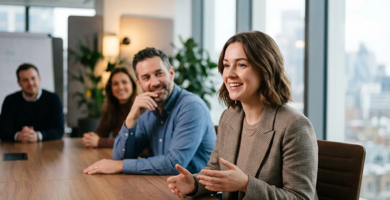 Professional meeting room with diverse team collaborating around modern conference table, city skyline visible through windows