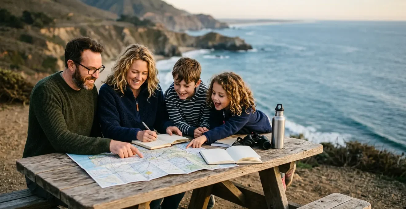British family examining colorful road maps spread across picnic table at California coastal overlook with golden sunlight
