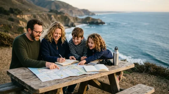 British family examining colorful road maps spread across picnic table at California coastal overlook with golden sunlight