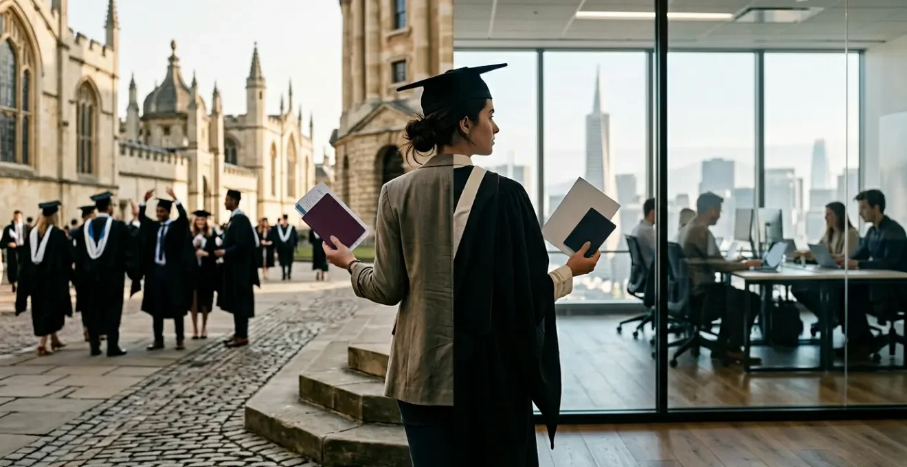 UK graduate at career crossroads contemplating US startup opportunity with visa documents