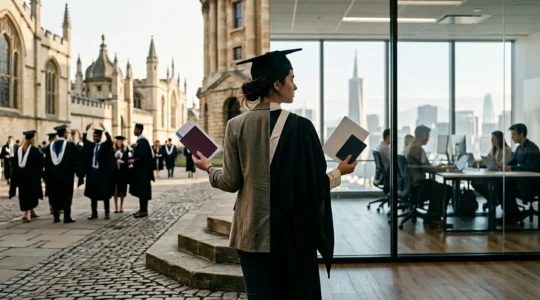 UK graduate at career crossroads contemplating US startup opportunity with visa documents