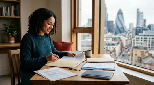 UK student preparing for US F1 visa interview at London Embassy with documents and confident posture
