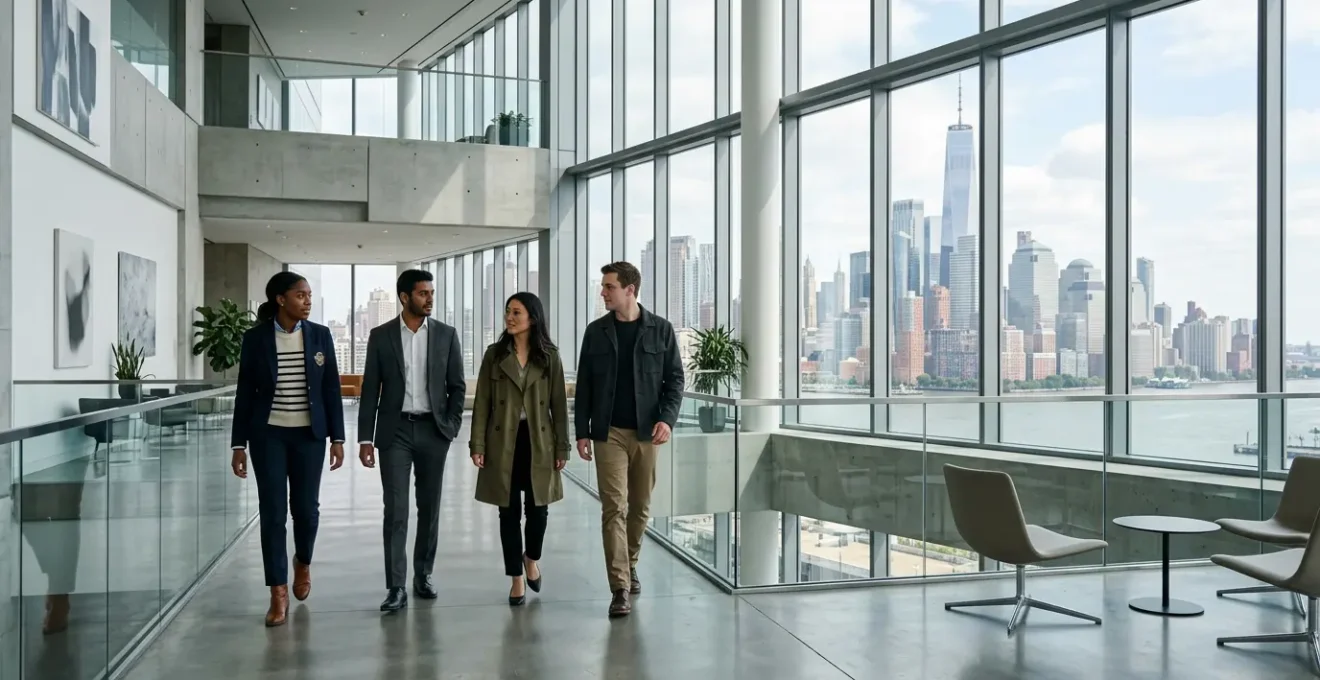 Young professionals walking confidently through a modern corporate lobby with British and American flags reflecting subtly in glass surfaces