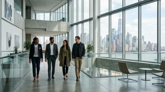 Young professionals walking confidently through a modern corporate lobby with British and American flags reflecting subtly in glass surfaces