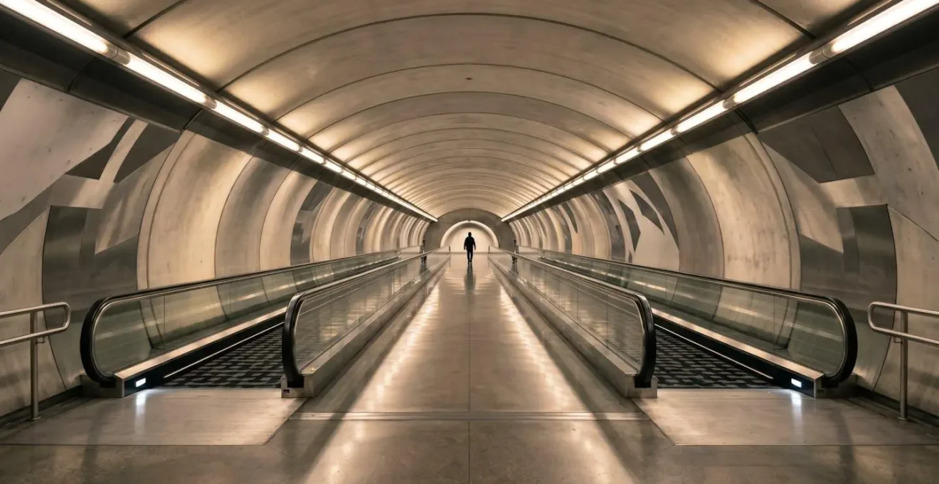 Modern airport underground walkway with moving sidewalks connecting terminals