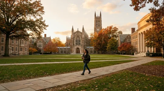First year university student balancing academic workload in American college campus setting