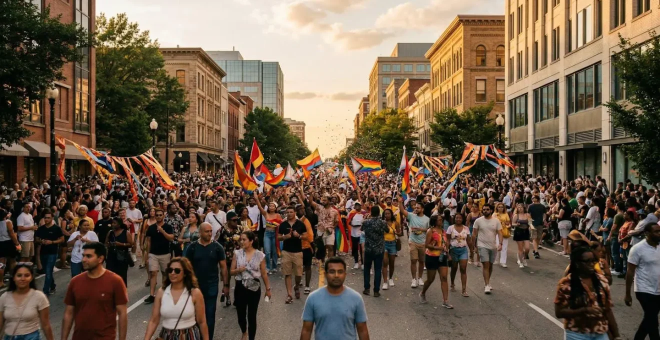Diverse crowd at vibrant American cultural celebration with parade atmosphere