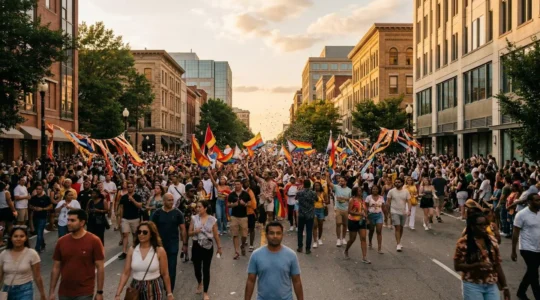 Diverse crowd at vibrant American cultural celebration with parade atmosphere