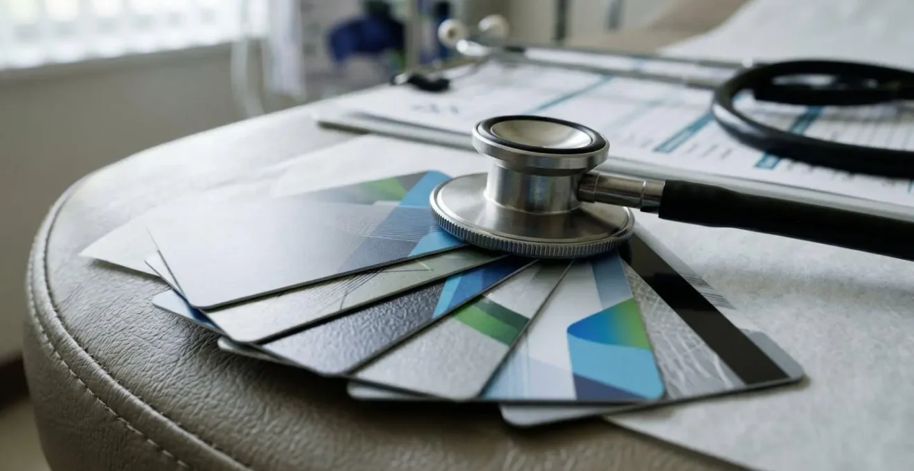 Healthcare insurance cards and medical equipment representing US healthcare complexity