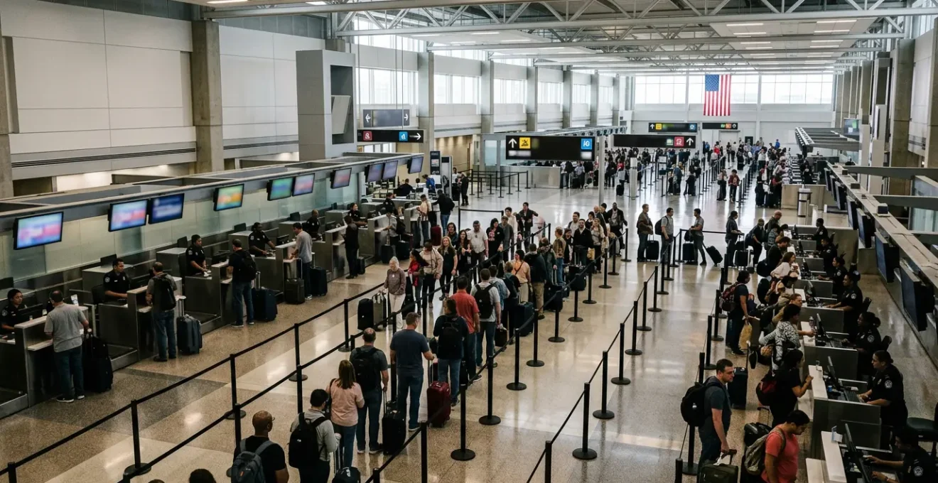 Wide-angle view of US immigration hall showing orderly queues of travelers at border control desks