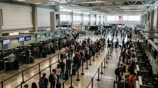 Wide-angle view of US immigration hall showing orderly queues of travelers at border control desks