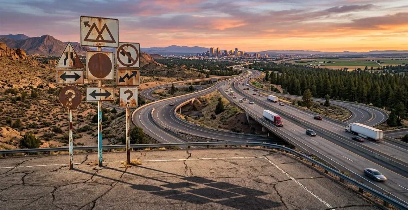 Multiple road signs displaying different state laws along an American interstate highway at golden hour