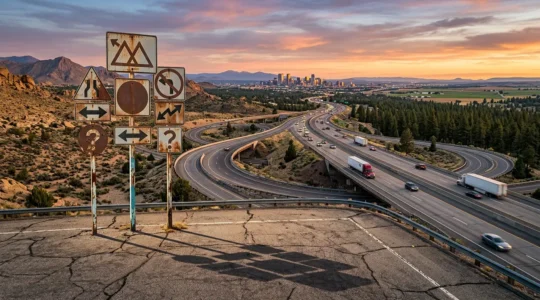 Multiple road signs displaying different state laws along an American interstate highway at golden hour