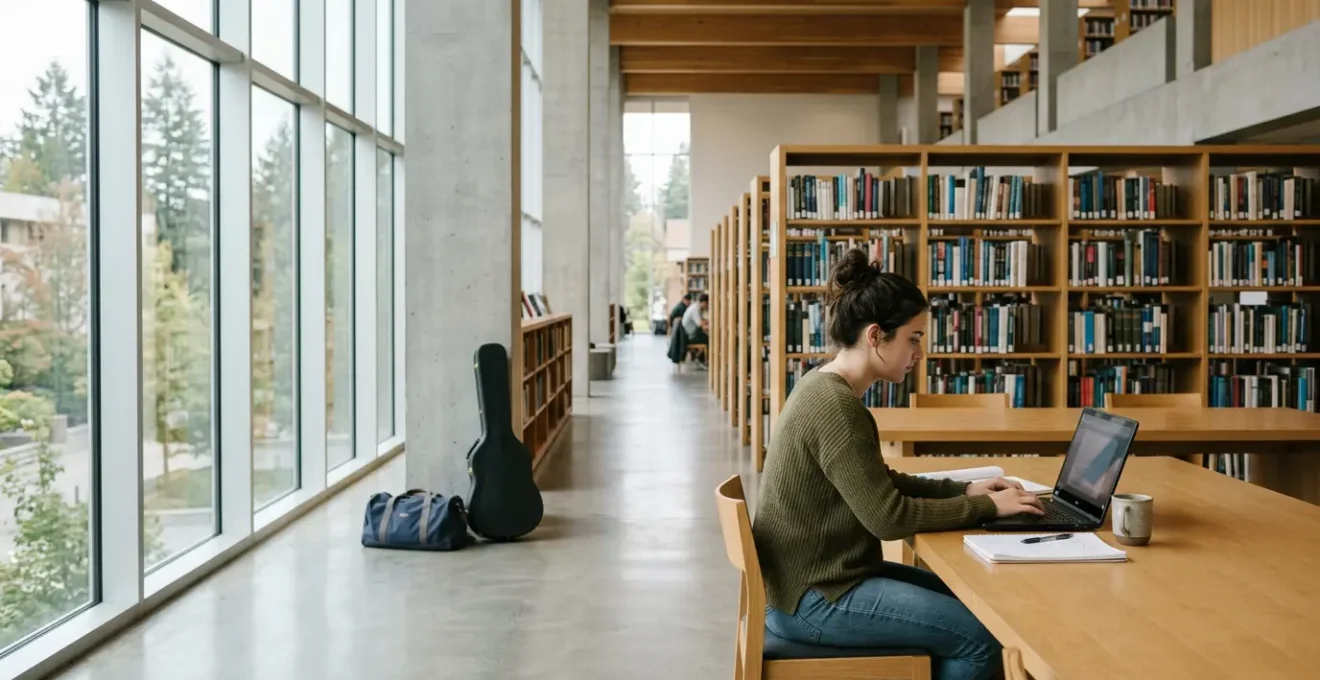 Student sitting in campus library with laptop and sports equipment visible in background