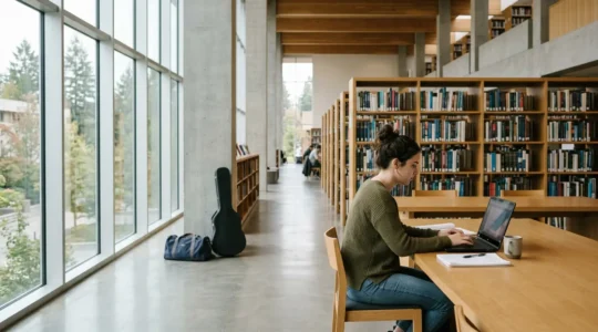 Student sitting in campus library with laptop and sports equipment visible in background