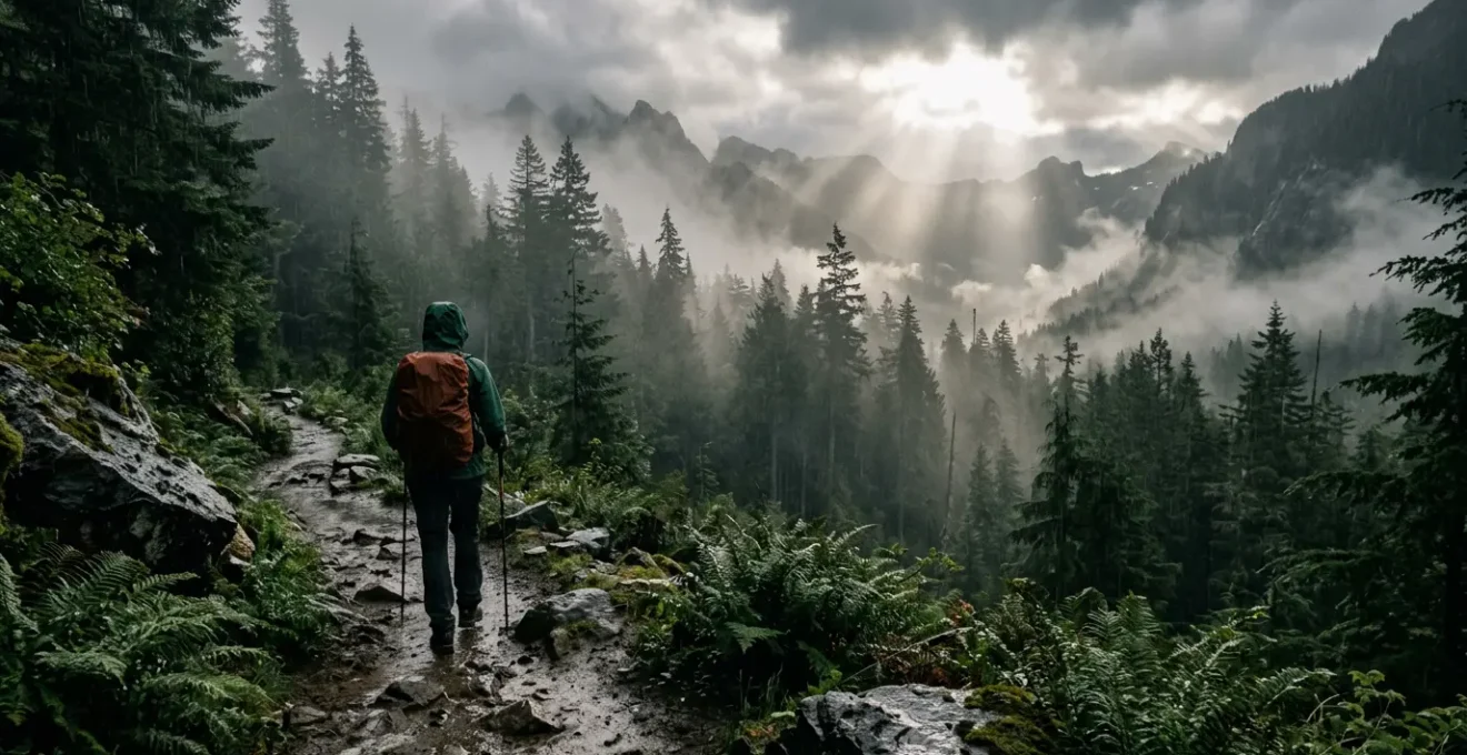 Hiker wearing waterproof jacket on misty mountain trail in US national park