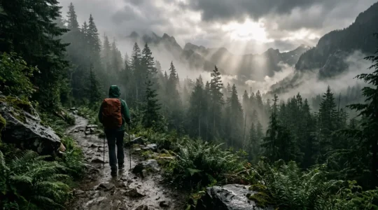 Hiker wearing waterproof jacket on misty mountain trail in US national park