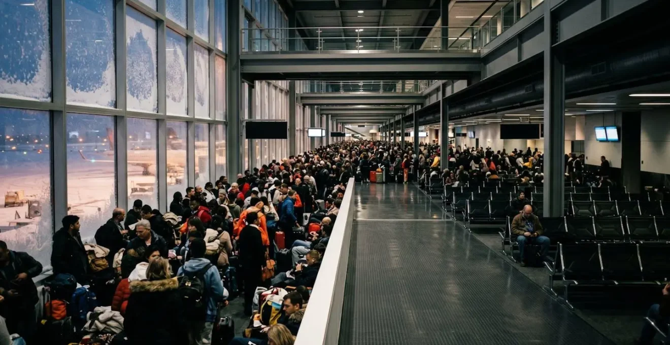 Crowded airport terminal during winter weather delays with travelers waiting