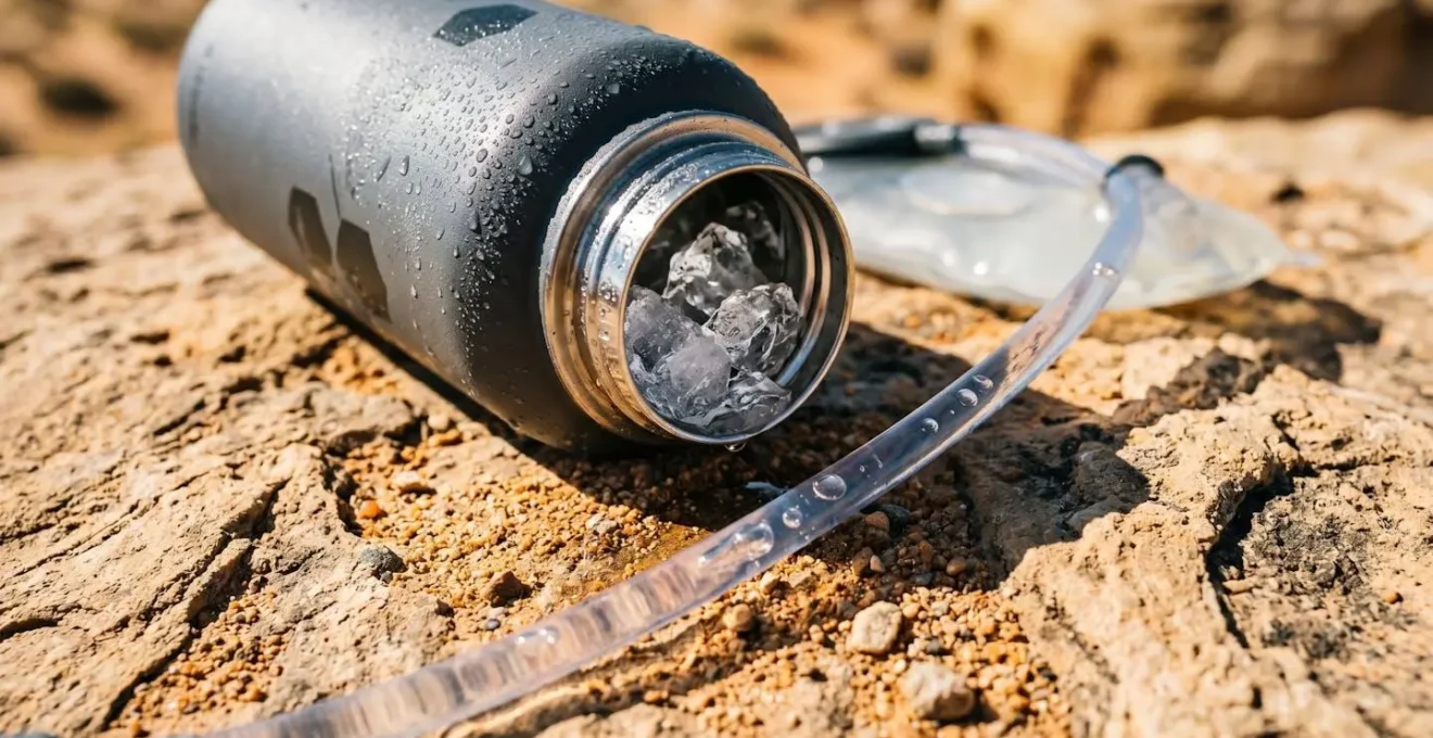 Macro shot of desert hiking hydration equipment showing bladder tube and insulated bottle